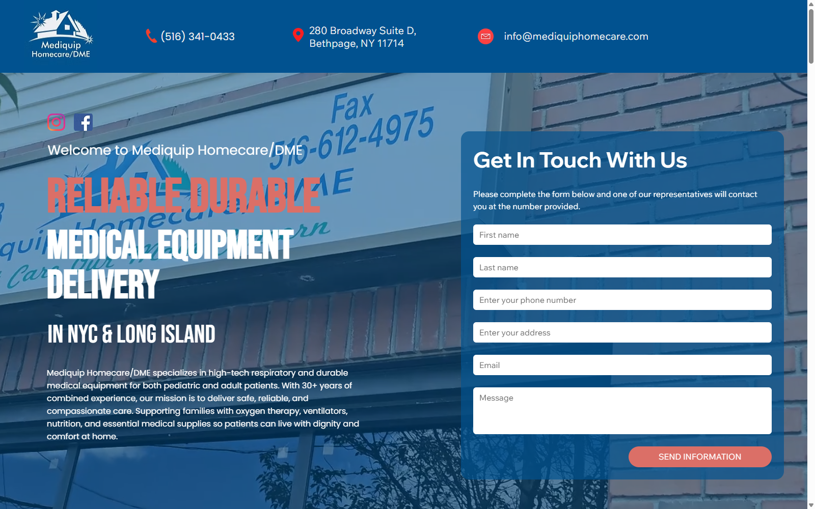 Mediquip Homecare/DME website hero section