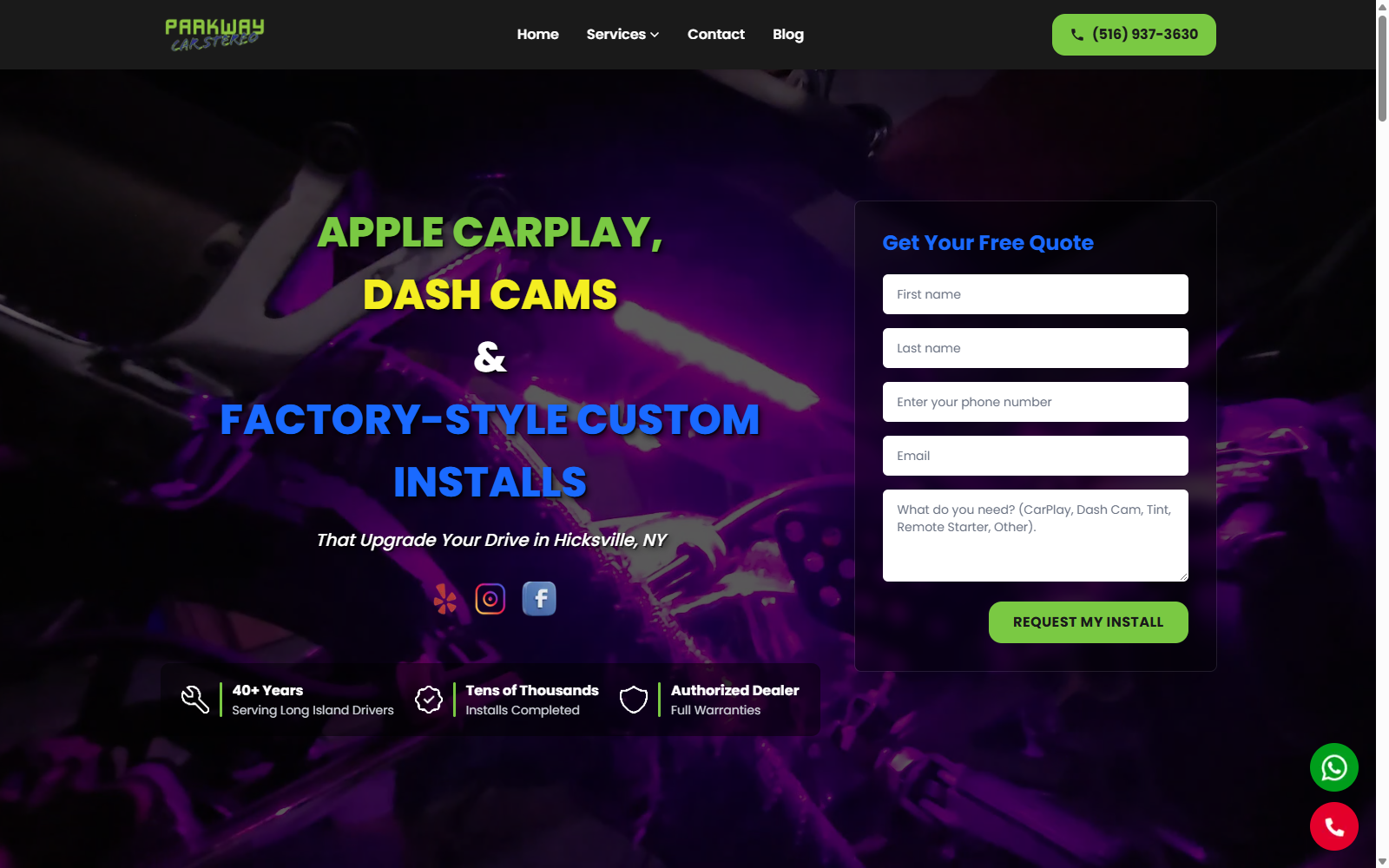 Parkway Car Stereo website hero section